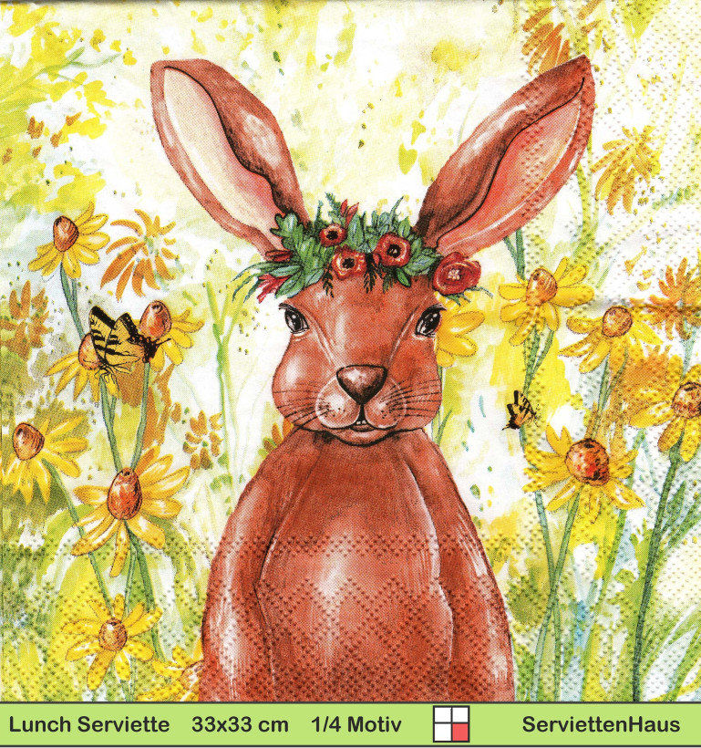 Hase mit Blumenkranz und Schmetterlingen - 1 Paket mit 20 Servietten